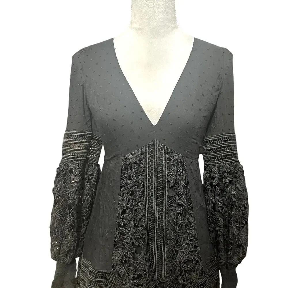 Bardot Mariah Babydoll Dress Long Sleeves Swiss Dot Lace Detailing Black XS NWOT - Picture 3 of 9
